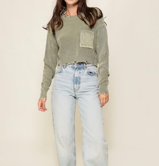 DISTRESSED ROUND NECK KNIT SWEATER - OLIVE