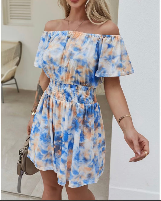 PRE-ORDER ORANGE & BLUE OFF THE SHOULDER DRESS